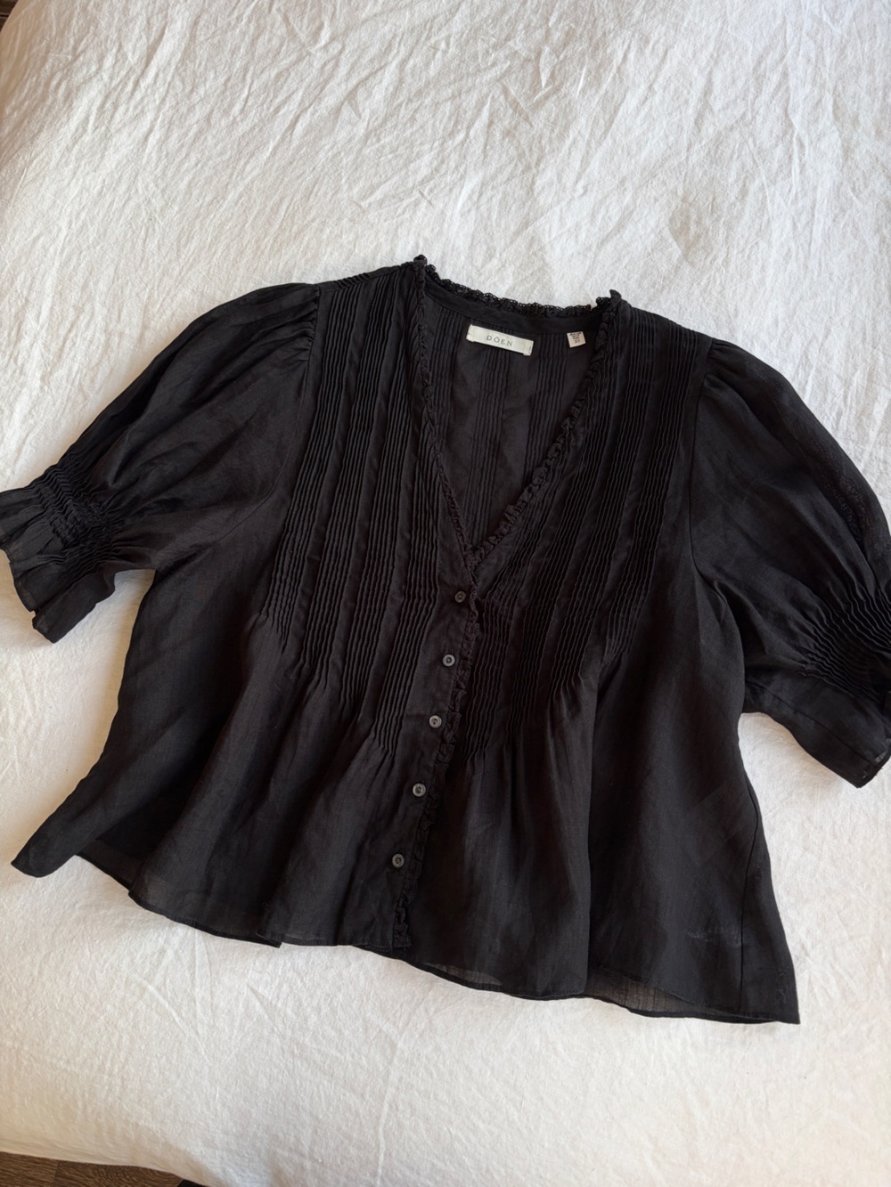 Doen Karlie Ramie Ruffle Pintuck Short Puff Sleeve Shoulder Blouse Top Black - Picture 5 of 11